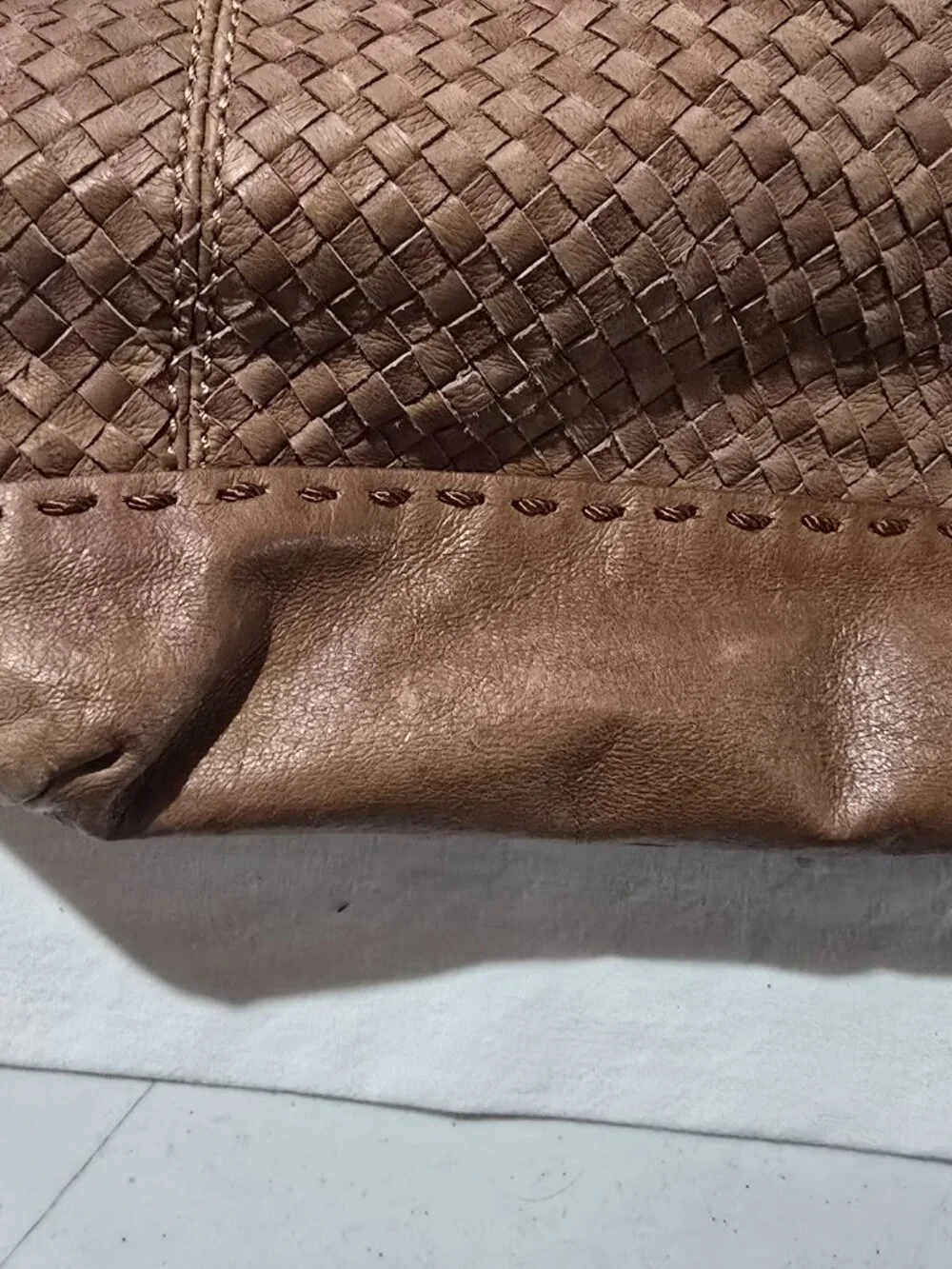 The Sak Brown Woven Leather Tote Shoulder Bag Tiger Eye Bead Charm